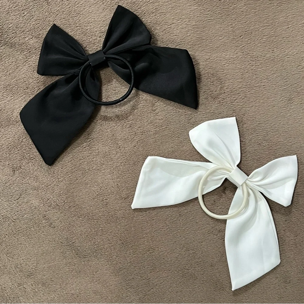 Elegant Satin Bow Hair Tie Lot of 2 Girly Ponytail Holders Black Off White